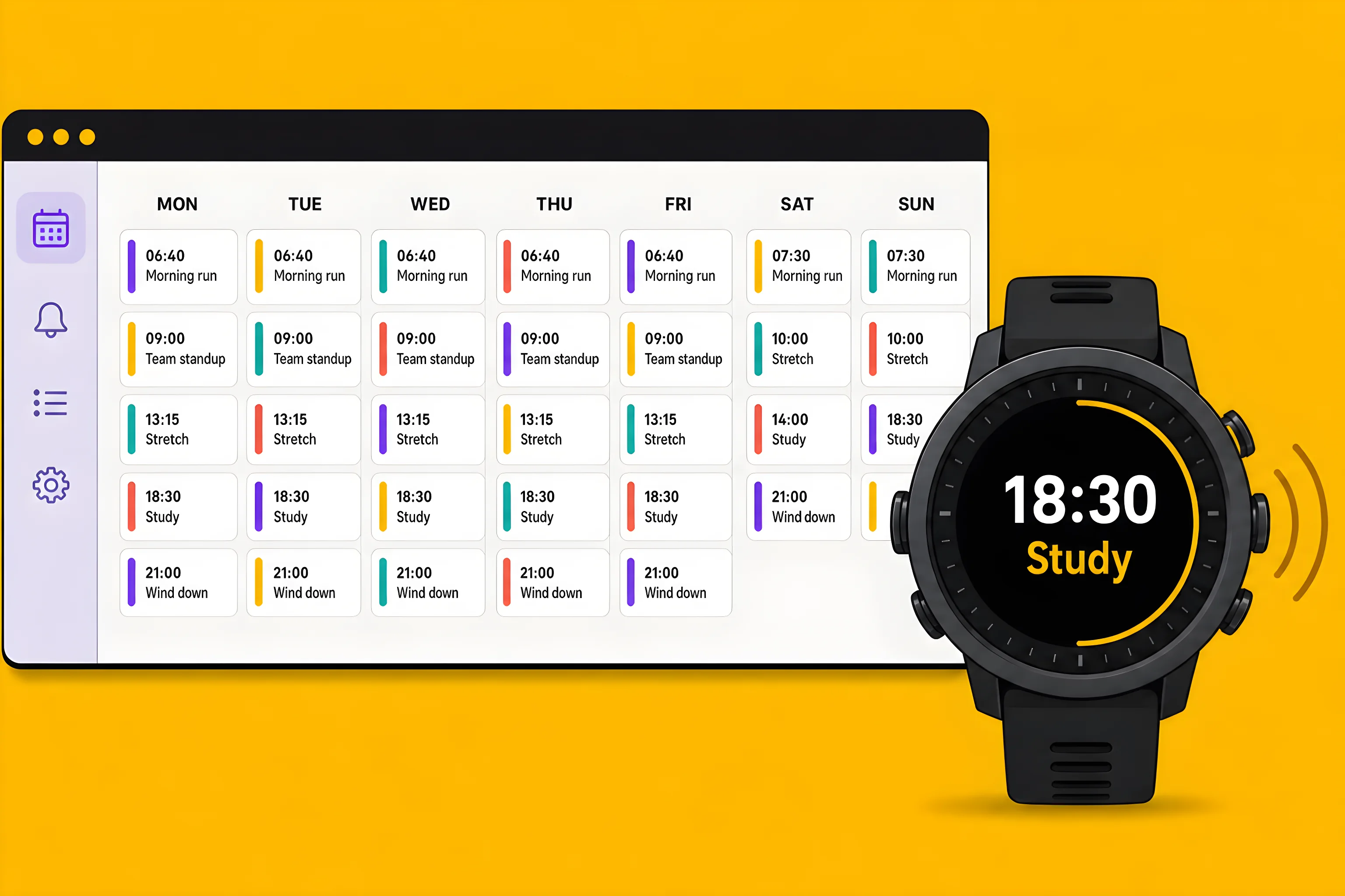 The Weko week planner in a browser, and a Garmin watch buzzing a 18:30 Study reminder